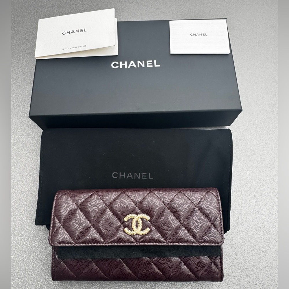 Chanel New Authentic Dark Burgundy Quilted Long Wallet